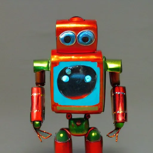 Prompt: japanese tin toy robot, 1 9 6 0, metal, windup, colorful, photograph, brightly painted, highly detailed