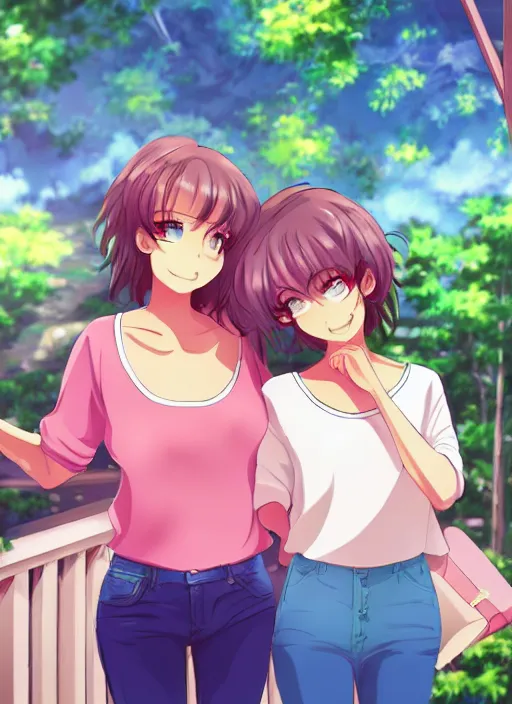 Image similar to two beautiful mothers in a summer home, casual summer clothes, gorgeous faces, thick lines, cinematic lighting, detailed anime art