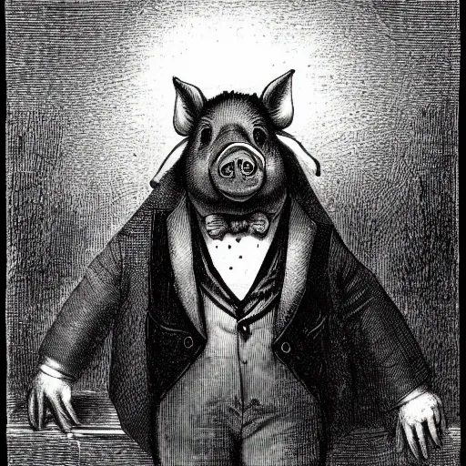 Image similar to a pig in a tuxedo, creepy atmosphere, dark, portrait, realistic, very realistic, illustration by Gustave Doré