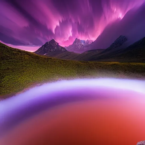 Image similar to amazing landscape photo of mountains with lake in sunset and a purple tornado by marc adamus, beautiful dramatic lighting