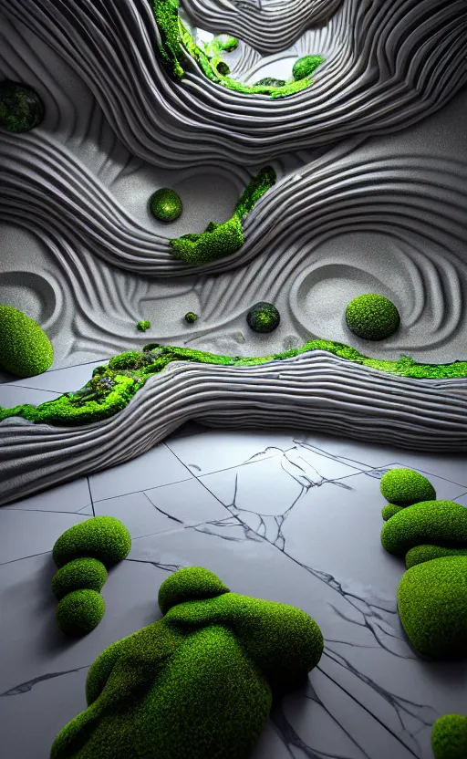 Image similar to highly detailed ultra sharp 3 d render villa interior cinematic composition of a smooth ceramic porcelain biomorphic magnolia stone nebula fluid fractal sci - fi surreal architecture landscape, granite, metallic, magnesium, marble, moss and lichen, vincent callebaut composition, mamou - mani, archviz, beautiful lighting, 8 k, unreal engine, hdr,