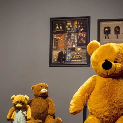 Prompt: a ( ( ( ( yellow teddy bear ) ) ) proudly standing in front of his nfts collection!!!! 4 k photo