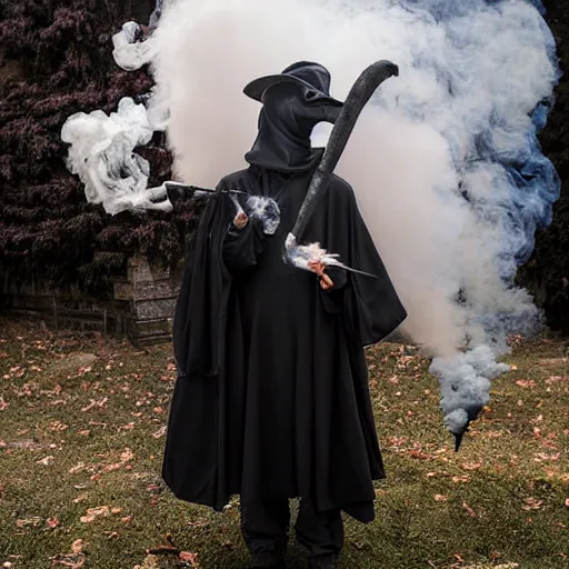Image similar to a plague doctor exhaling a huge smoke cloud from his halloween bong, award winning candid photography