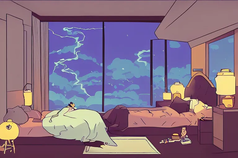 Prompt: thunderstorm bedroom, retro illustration in the style of makoto shinkai and leiji matsumoto