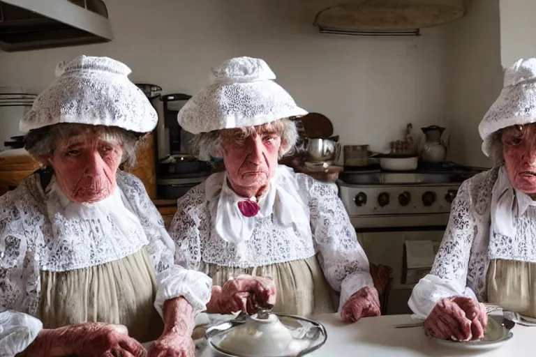 Prompt: close up of three old women from brittany with hats in white lace and folk costumes in a kitchen. they look visibly angry