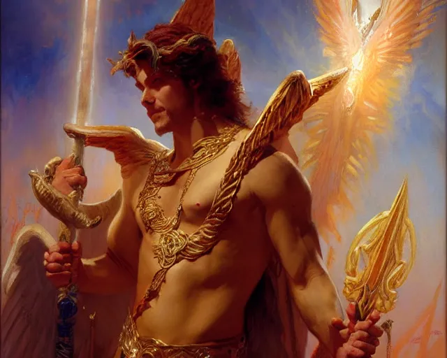 Image similar to attractive pagan male deity, summons handsome lucifer morning star. highly detailed painting by gaston bussiere, craig mullins, j. c. leyendecker 8 k