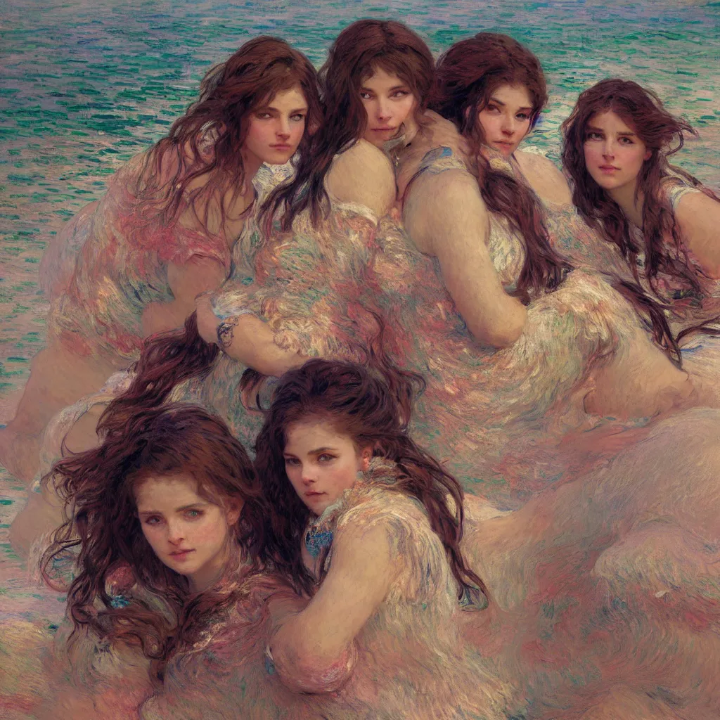 Prompt: illustration studio portrait of three beautiful girl in an artistic pose resting in the beach, monet painterly motives and textures pattern, hyper detailed, octane render, vivid colors, artstation, by jeremy mann, by alphonse mucha, by monet