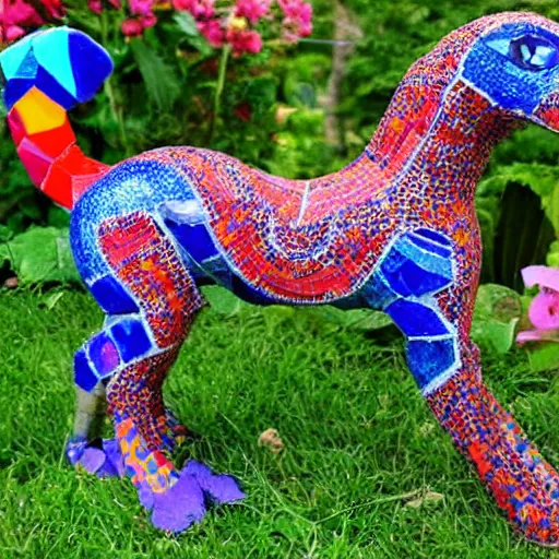 Image similar to mosaic sculpture of a alebrije chimera!!!, irregularly shaped mosaic tiles, pottery shards, in the style of folk art, in a cottagecore flower garden