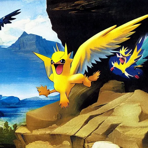 Prompt: Pokemon Zapdos flying above a slate mountain painted by Caravaggio. High quality.