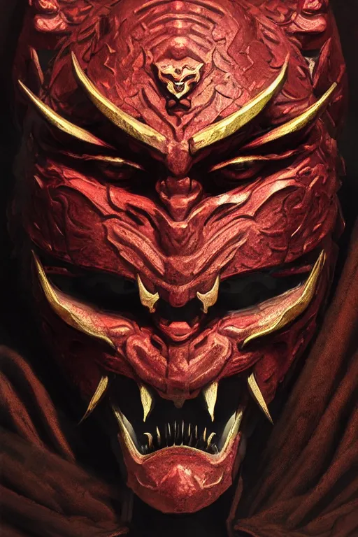 Prompt: demon samurai mask, close - up portrait, intricate, elegant, volumetric lighting, scenery, digital painting, highly detailed, artstation, sharp focus, illustration, concept art, luis rollo, ruan jia, steve mccurry, john berkey