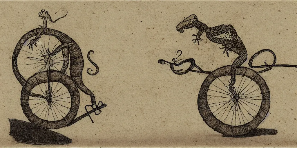 Image similar to a gecko riding a unicycle at dawn, yellowed paper, pen and ink, 1 5 0 0 s, 8 k resolution