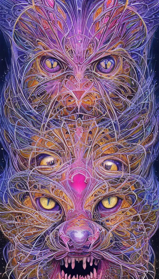 Prompt: Chromatic crystal themed painting cute cat beautiful symmetrical face concept, infinity glyph, intricate artwork by, Alex Grey, Johnatan Wayshak, Zdizslaw Beksinski, Ayami Kojima, Amano, Karol Bak, Greg Hildebrandt, and Mark Brooks, Neo-Gothic, gothic, rich deep colors, art by Takato Yamamoto, masterpiece, face by Artgerm, H.R. Giger, very coherent artwork, cinematic, hyper realism, high detail, octane render, unreal engine, 8k, High contrast, golden ratio, trending on cgsociety, ultra high quality model, production quality cinema model