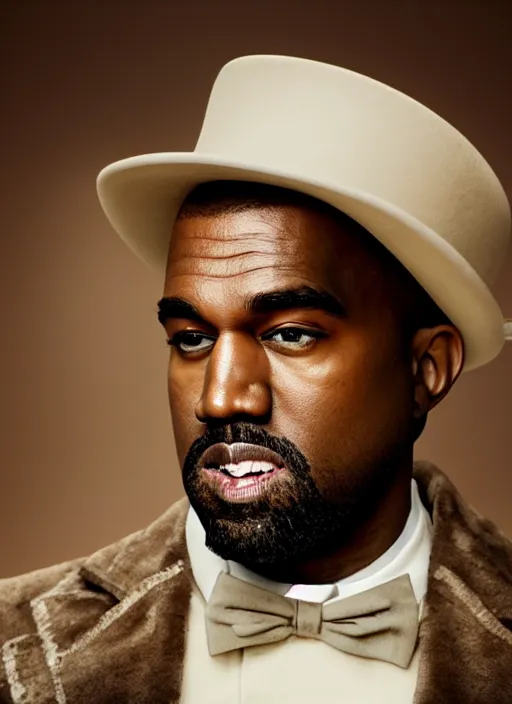 Image similar to portrait kanye west as willy wonka in django unchained, splash art, movie still, cinematic lighting, ray tracing, octane render, long lens, shallow depth of field, bokeh, anamorphic lens flare, 8 k, hyper detailed, 3 5 mm film grain