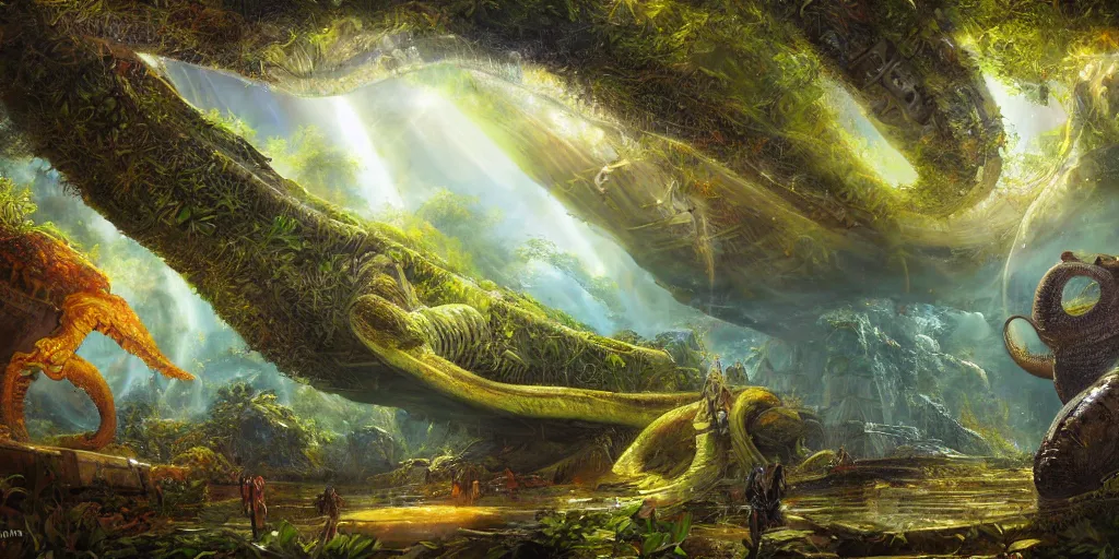 Image similar to fantasy oil painting, klattu's spacecraft, outer worlds, great leviathan, turtle cephalopod terrapin reptilian pachyderm amphibian hybrid, rainforest mountains, lush plants flowers, epic natural light, bright clouds, luminous sky, bright cinematic key lighting, michael cheval, michael whelan, vray, 8 k hd