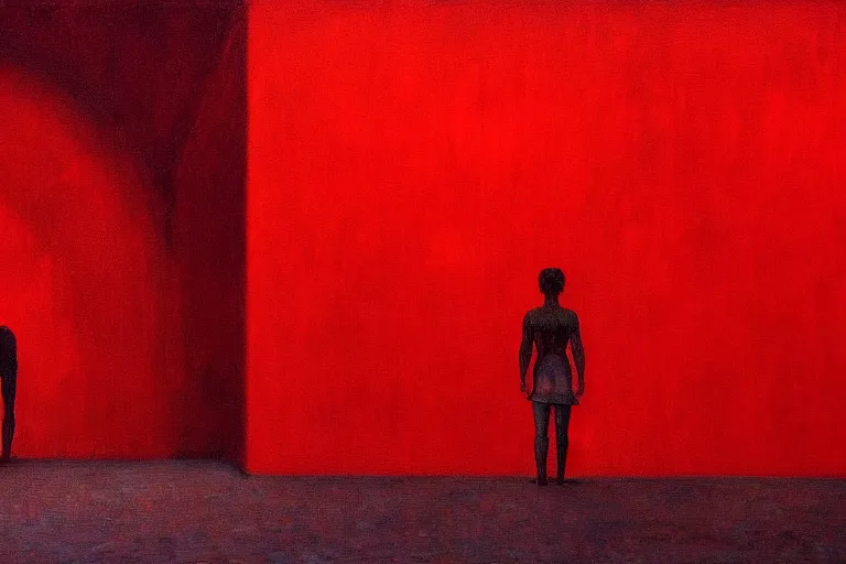 Image similar to only with red, crowd screaming, an exposed painting in a roman theater, in the style of beksinski, parts by edward hopper, parts by rodcenko, parts by yue minjun, intricate and epic composition, red by caravaggio, insanely quality, highly detailed, masterpiece, red light, artstation, 4 k