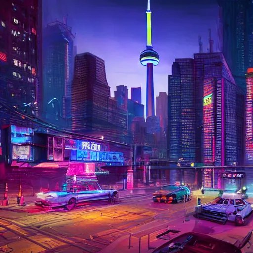 Image similar to Neon cyberpunk cityscape of Toronto Canada including CN tower with flying cars and advertisement screens, Blender 3D, Unreal Engine, 8k, by Jordan Grimmer and Andrea Pozzo