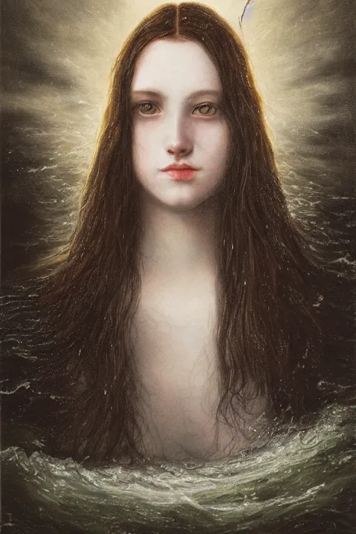 Prompt: young woman's face breaking the waters surface, long black hair, pale skin, symmetrical face, photorealism, 4k, highly detailed, smooth render, dramatic lightning, by Millais,