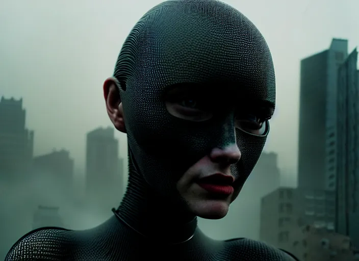 Image similar to cinestill 5 0 d photographic portrait of loving female androids wearing rugged black mesh techwear in a desolate american city, extreme closeup, modern cyberpunk, dust storm, 8 k, hd, high resolution, 3 5 mm, f / 3 2, ultra realistic faces, intricate detail, ex machina