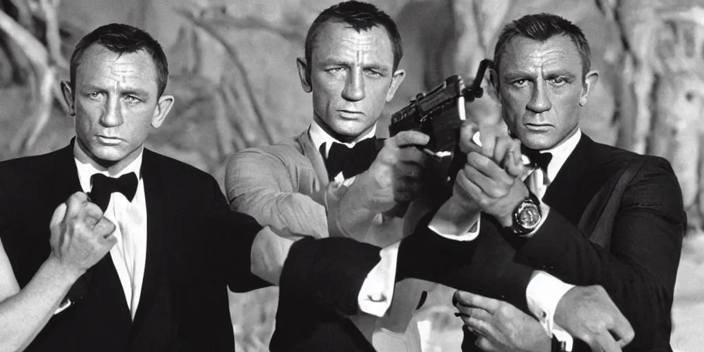 Prompt: Still of a James Bond movie with Daniel Craig as James Bond and Sean Connery as the father of James Bond