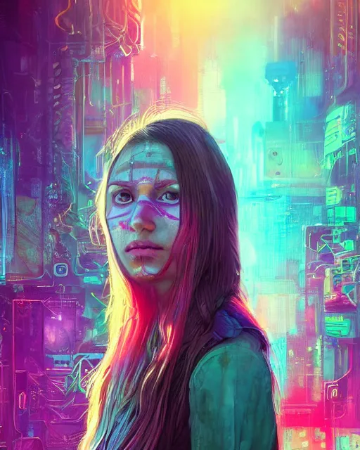 Image similar to colorful portrait of a female hippie with cybernetics, but set in the future 2 1 5 0 | highly detailed | very intricate | symmetrical | professional model | cinematic lighting | award - winning | painted by mandy jurgens | pan futurism, dystopian, bold psychedelic colors, cyberpunk, anime aesthestic | featured on artstation