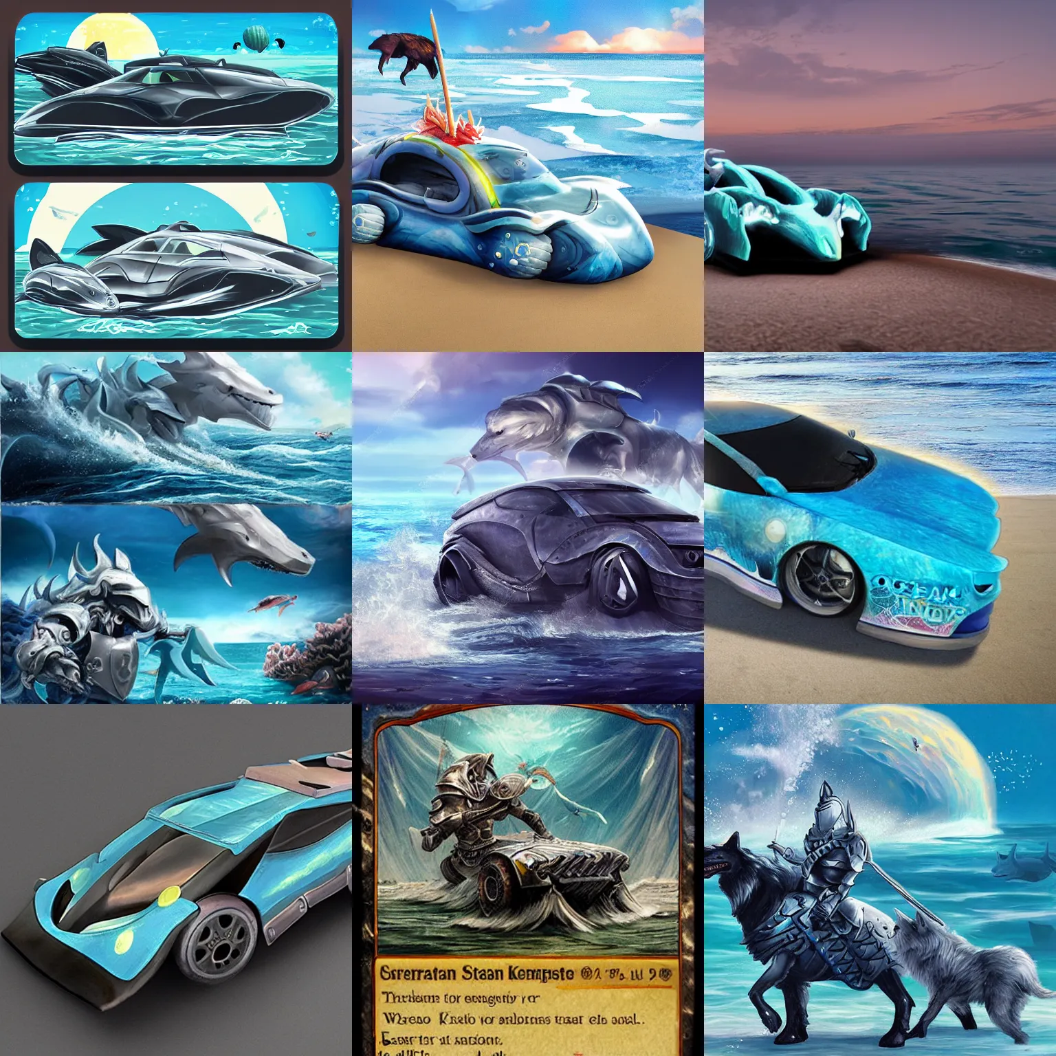 Prompt: ocean car, knight, wolf industry