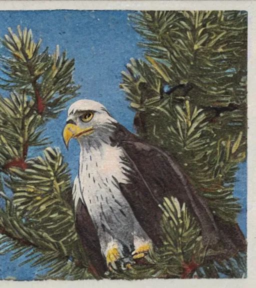 Image similar to tattered postcard of 'an eagle in the nest of a snowy pine tree', long shot, on table