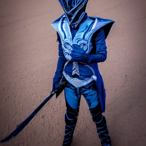 Image similar to low angle upper view of Austin Butler dressed in futuristic-baroque prussian blue duelist-garb and nanocarbon-vest and greaves, standing in an arena in Dune 2020, XF IQ4, f/1.4, ISO 200, 1/160s, 8K, RAW, unedited, symmetrical balance, face in-frame