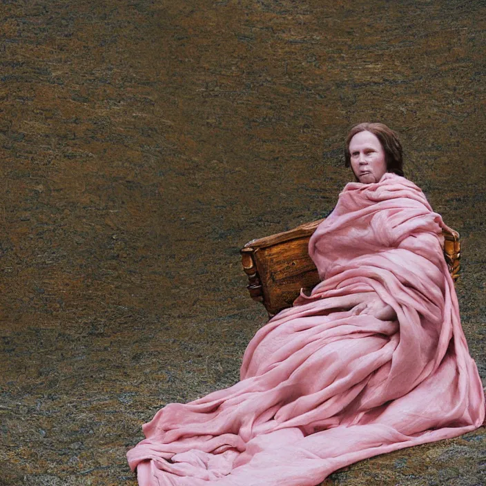 Image similar to a color photograph, closeup portrait of a woman wrapped in linen and silk, sitting on a plastic throne, in glacier national park in montana, color photograph, by vincent desiderio, canon eos c 3 0 0, ƒ 1. 8, 3 5 mm, 8 k, medium - format print