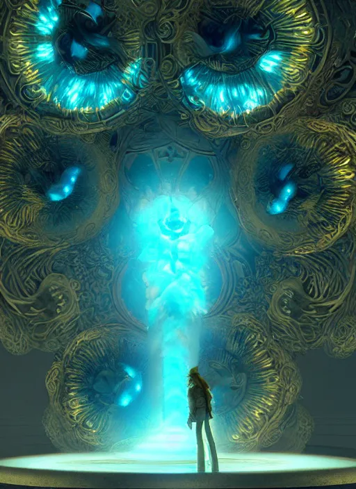 Image similar to flowers within the whole infinite capsule apparent with awe the apparition, an idea seep's into infinity highly detailed in volumetric latent space, golden turquoise steampunk, high contrast cinematic light, mystical shadows, sharp focus, divine realm of gods, octane render, artist by boris vallejo,