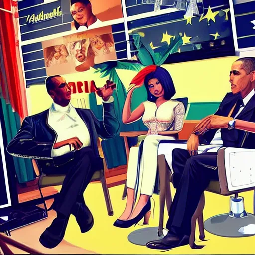 Image similar to nicki minaj sitting next to barack obama in a vintage barbershop in gta v cover art, symmetrical, brownish flat colors, hyper realistic, highly detailed, trending on artstation