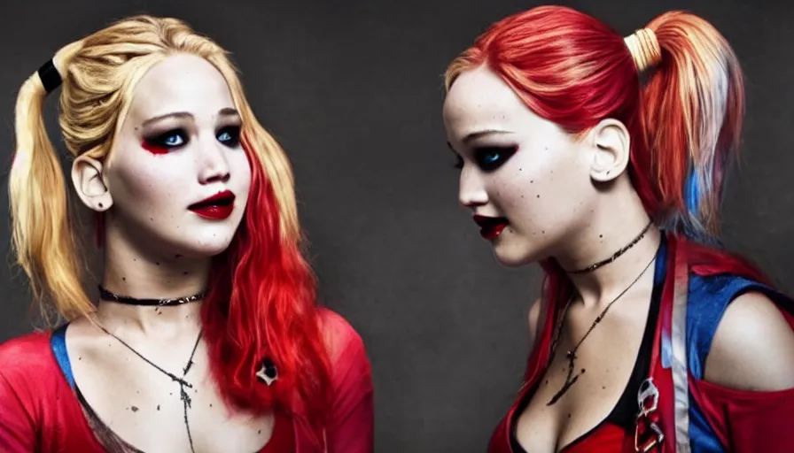 Image similar to beautiful jennifer lawrence as harley quinn, still from the dressing scene