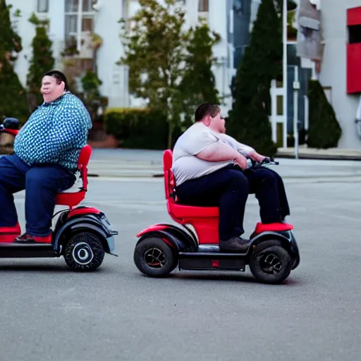 Image similar to three young extremely overweight man with down syndrome on an electric scooter