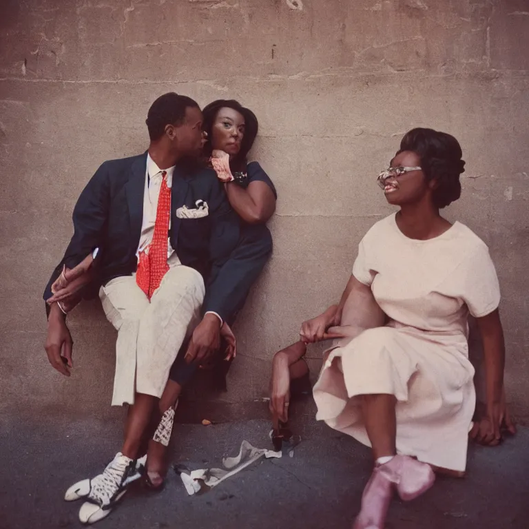 Prompt: analog medium format film portrait of couple in harlem, 1 9 6 0 s hasselblad film street photography, featured on unsplash, photographed on vintage expired colour film