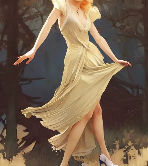 Image similar to Blonde girl in the roaring twenties wearing a dress, full-body shot, digital painting, smooth, elegant, hd, art by WLOP and Artgerm and Greg Rutkowski and Alphonse Mucha