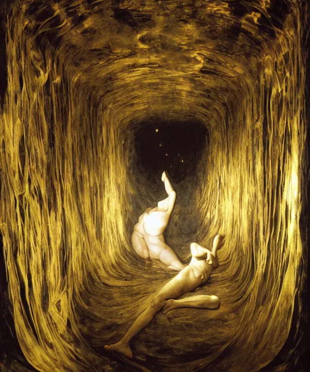 Image similar to The mirror room without doors and windows with beautiful full-body wax sculpture of a glowing transparent woman with visible golden bones inside it in the singularity where stars becoming baroque folds of dark matter by Michelangelo da Caravaggio, Nicola Samori, William Blake, Alex Grey and Beksinski, dramatic volumetric lighting, highly detailed oil painting, 8k, masterpiece