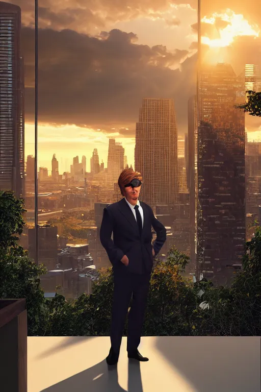 Image similar to ape wearing formal suit, cubical meeting room office, skyline showing from the windows, 8k hyper realistic, sunset, volumetric rays, fine art, artstation, matte painting, masterpiece by vasnetsov