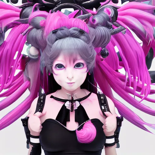 Image similar to no escape from beneath stunningly absurdly beautiful omnipotent asi goddess junko enoshima with multiple twisted deceptive megalomaniacal personalities, symmetrical perfect face, porcelain skin, pink twintail hair and cyan eyes, ultra detailed, digital art, unreal engine 5, octane render, 2 d anime, 8 k