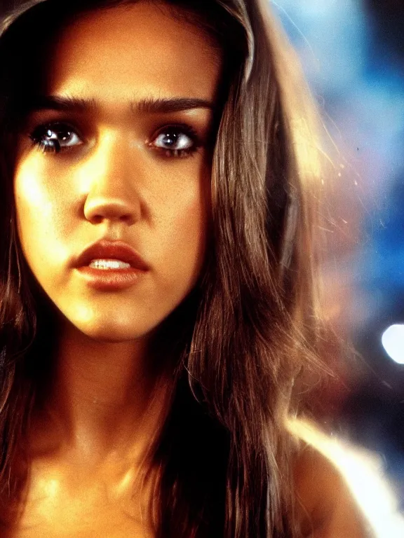 Prompt: hyperdetailed close shot of young jessica alba as space pirate, fine - face, pretty face