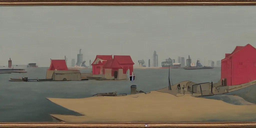 Prompt: In the foreground is a small red house, and in the background is the smoky Oriental Pearl City of Shanghai, George Ault painting style.