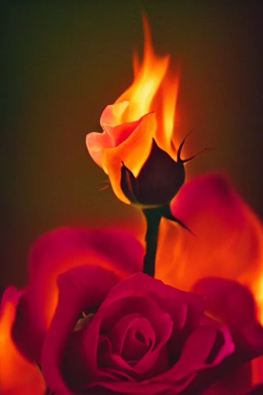 Image similar to Photo of A pink rose on fire, highly detailed, depth of field, fine art photography, Cinestill 800t.