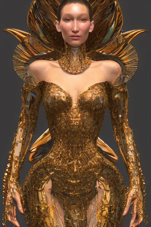 Image similar to a highly detailed metahuman 4 k render of an alien goddess bella hadid in iris van herpen dress schiaparelli in diamonds swarovski and jewelry in style of alphonse mucha trending on artstation made in unreal engine 4