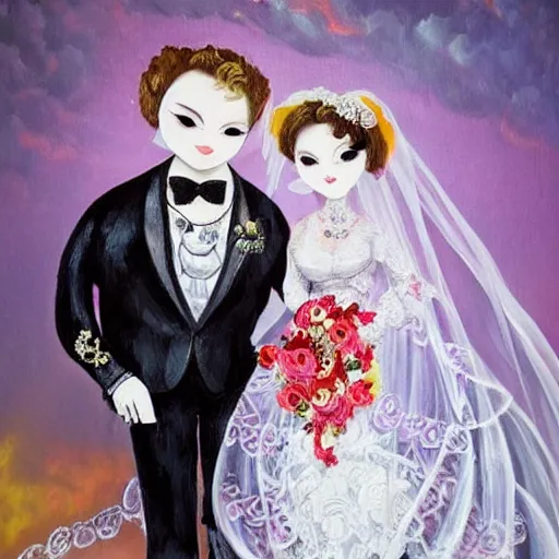 Image similar to beautiful Cthlulu marries the Kraken, in the style of first look wedding photography, airbrush, kawaii, oil painting, Victorian lace,
