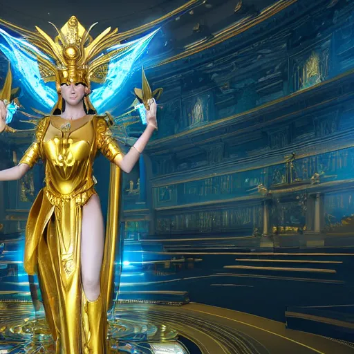 Image similar to beautifull goddess of thunder in golden armor, with incredible white and luminous temple behind the scene is in spiritual awaken, divine energy and power of spirit 4 k, 3 d, realistic, octane render cyberpunk color