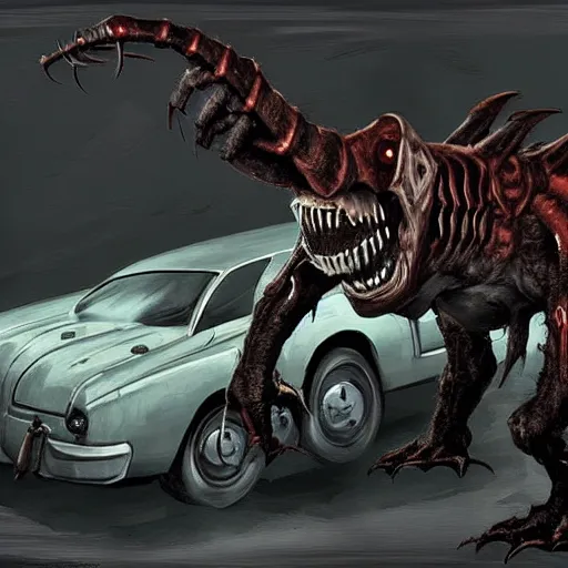 Prompt: photo of the deathclaw monster inside the car, artstation