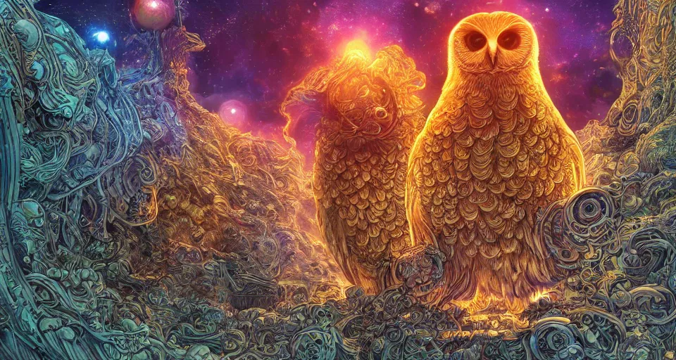 Prompt: the portrait of a smiling golden owl in the depths of the universe, an ultrafine hyperdetailed illustration by kim jung gi, irakli nadar, intricate linework, bright colors, octopath traveler, final fantasy, unreal engine 5 highly rendered, global illumination, radiant light, detailed and intricate environment, - h 1 0 2 4