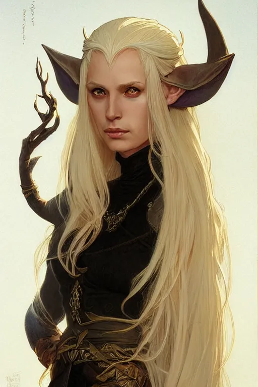 Image similar to portrait of an old blonde elven mage, dark, piercing eyes, gentle expression, elegant clothing, photorealistic, highly detailed, artstation, smooth, sharp focus, art by michael whelan, artgerm, greg rutkowski and alphonse mucha