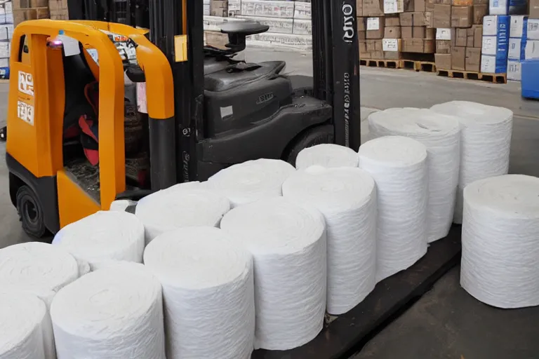 Prompt: a forklift made out of toilet paper