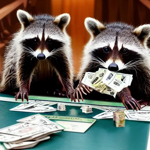 Prompt: a detailed photo of two raccoons playing monopoly