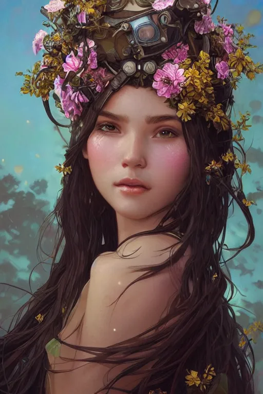 Image similar to ultra realistic illustration, beautiful swahiligirl with flowers blossoming from helmet, elegant, highly detailed, digital painting, concept art, smooth, sharp focus, illustration, art by artgerm and greg rutkowski and alphonse mucha