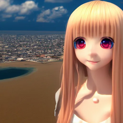 Image similar to a very beautiful and evil 3d anime girl flying over sea, unreal engine 5 4k render, hazler eyes, cute smile, trending on artstation, medium shot, long blonde hair